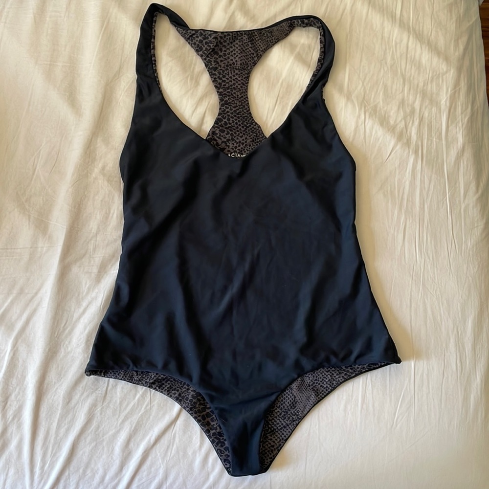acacia swimwear Black One-Piece with Subtle Leopard Trim